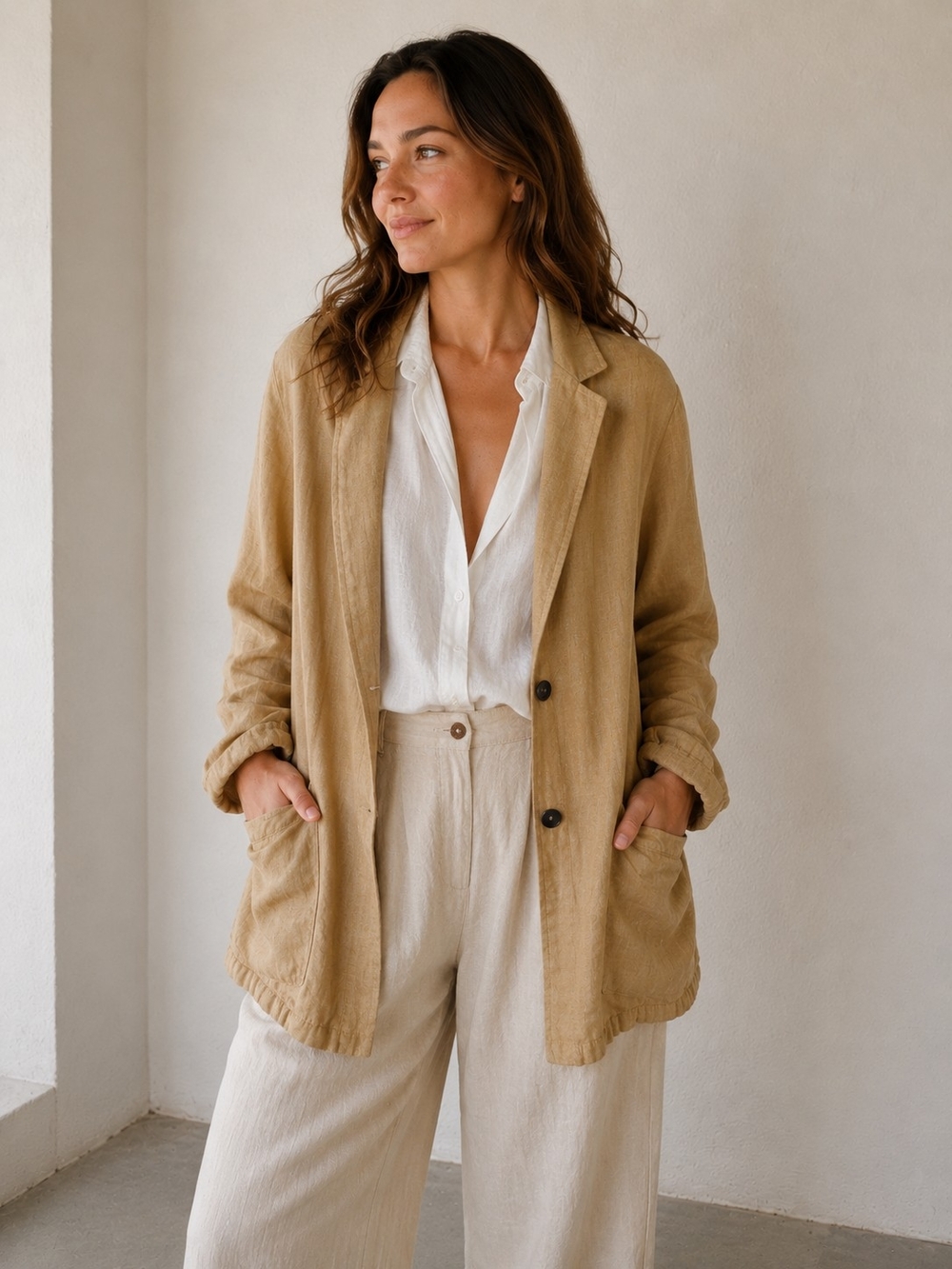 Vintage Hiroko Koshino Linen Jacket Lagenlook Artsy Oversized Camel Tan Pockets